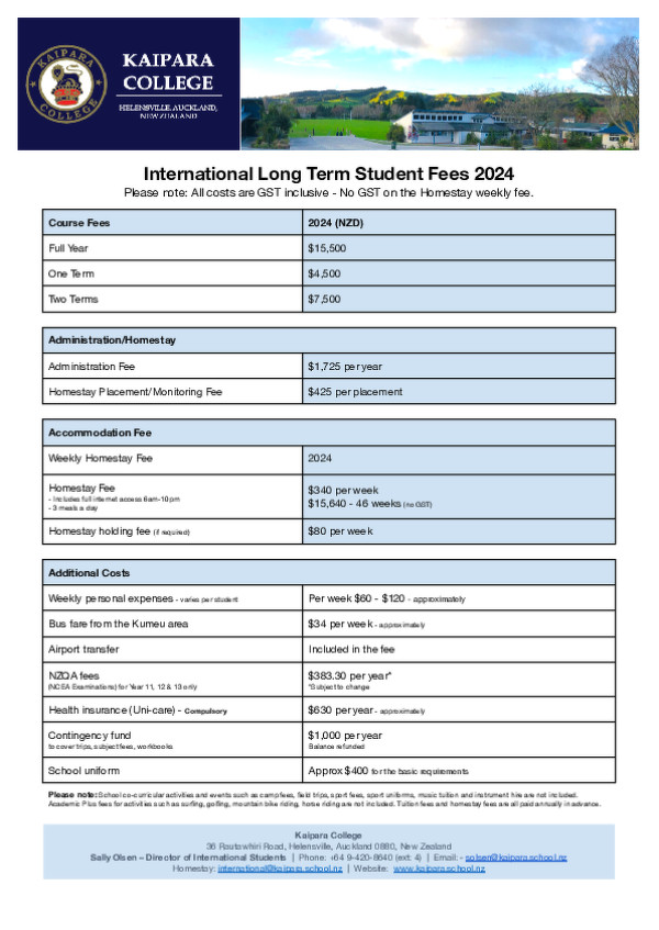 2024   International Long Term Student Fees   Kaipara College