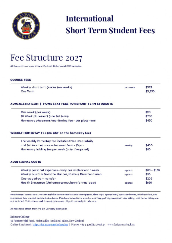 2027 Kaipara College Short Term Fees