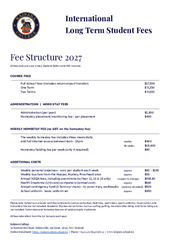 2027 Kaipara College Long Term Fees