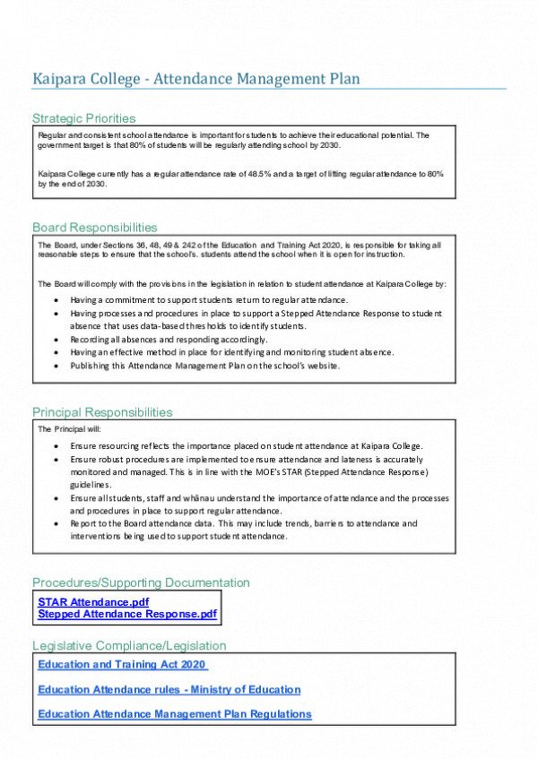 Attendance Management Plan Kaipara College 2026